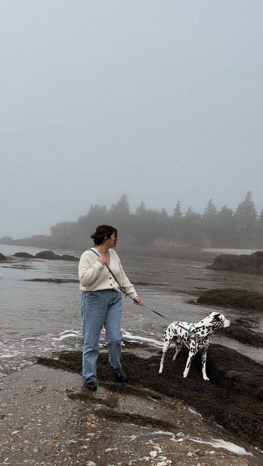 A brunette women in a cream sweater and denim jeans, stands with her dog on wave washed rocks, in front of a Canadian tree shored backround 
